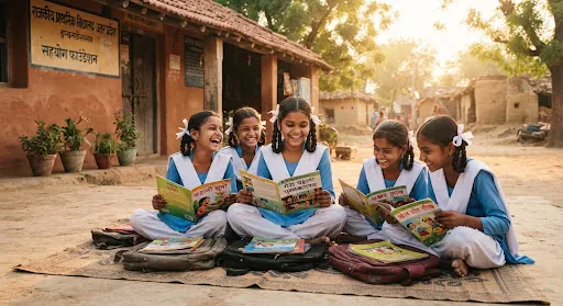 गाँव की कक्षा के बाहर पुस्तकें पढ़ती नीली-सफेद यूनिफॉर्म में ग्रामीण छात्राएं