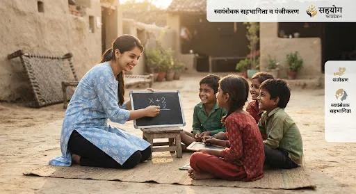 उत्तर प्रदेश के एक आंगन में ग्रामीण बच्चों को गणित पढ़ाता मुस्कुराता युवा स्वयंसेवक
